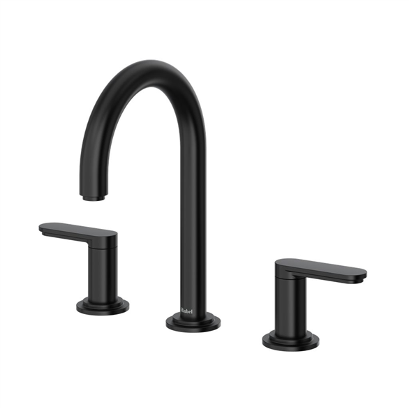 Riobel Arca AARD08BK 7-3/8"SR Brass C-Spout Deck-Mount 3-Hole, Widespread Lavatory Faucet 1.20 GPM With 2-Handles, Quick-Connect, Push Drain Black