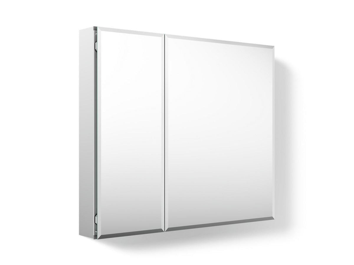 Kohler CB-CLC3026FS 30" W x 26" H aluminum two-door medicine cabinet with mirrored doors, beveled edges