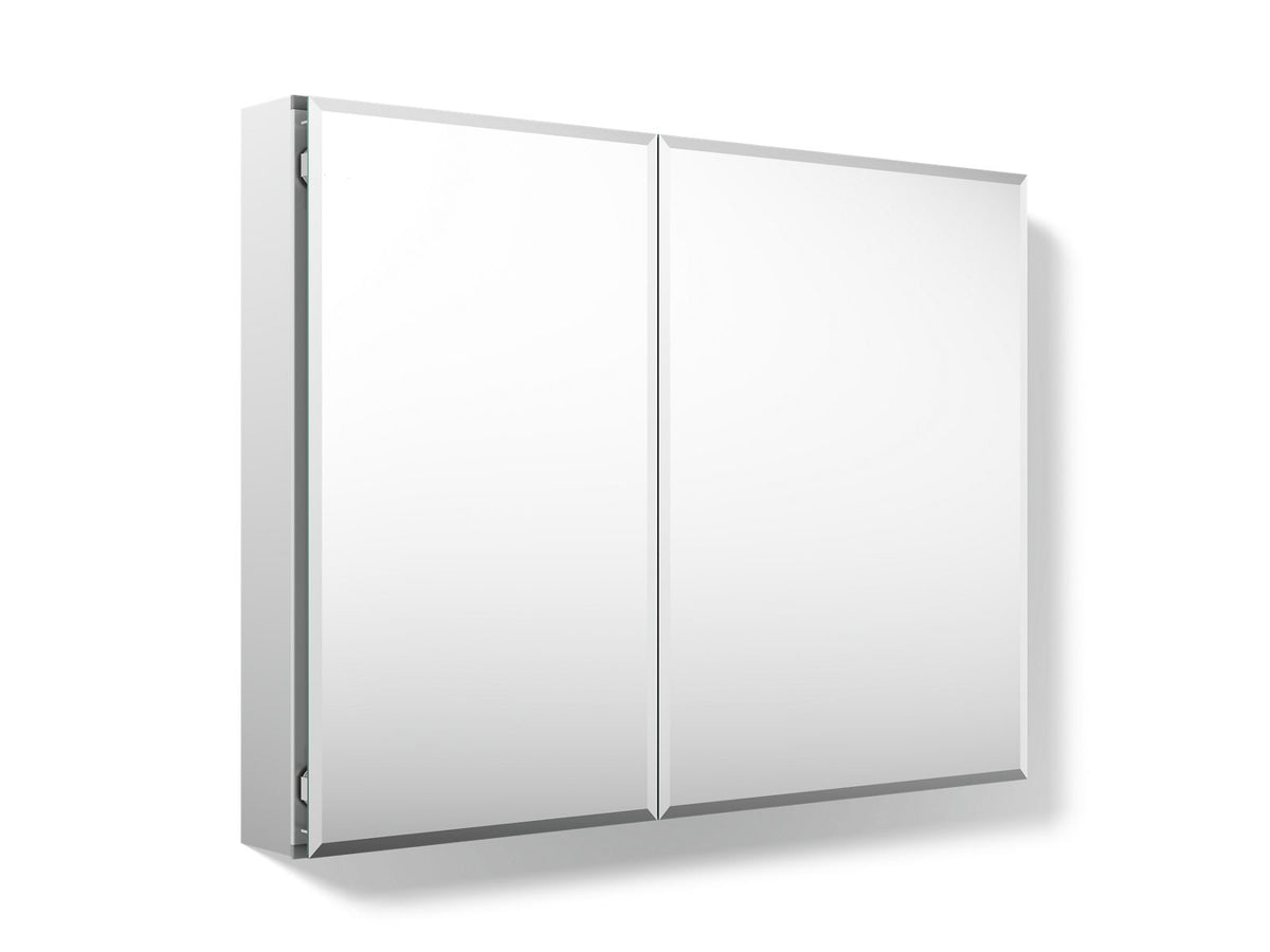 Kohler CB-CLC3526FS 35" W x 26" H aluminum two-door medicine cabinet with mirrored doors, beveled edges