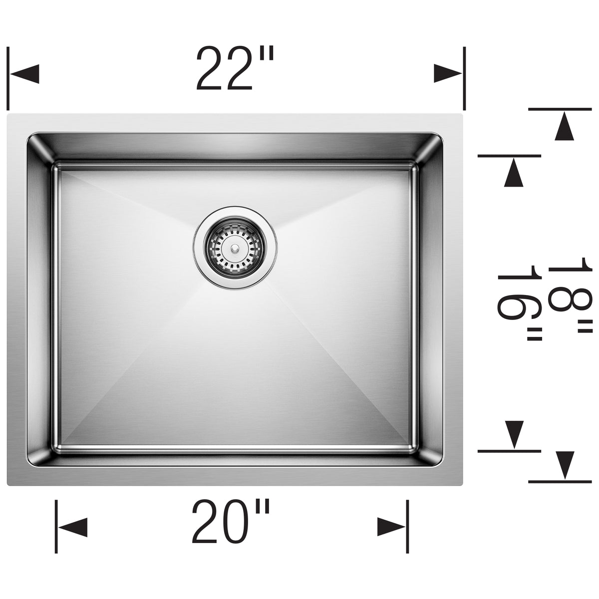 Blanco - 401516 - Quatrus R15 22" Single Bowl Undermount Stainless Steel Kitchen Sink - Satin Polish - Dimension Shot