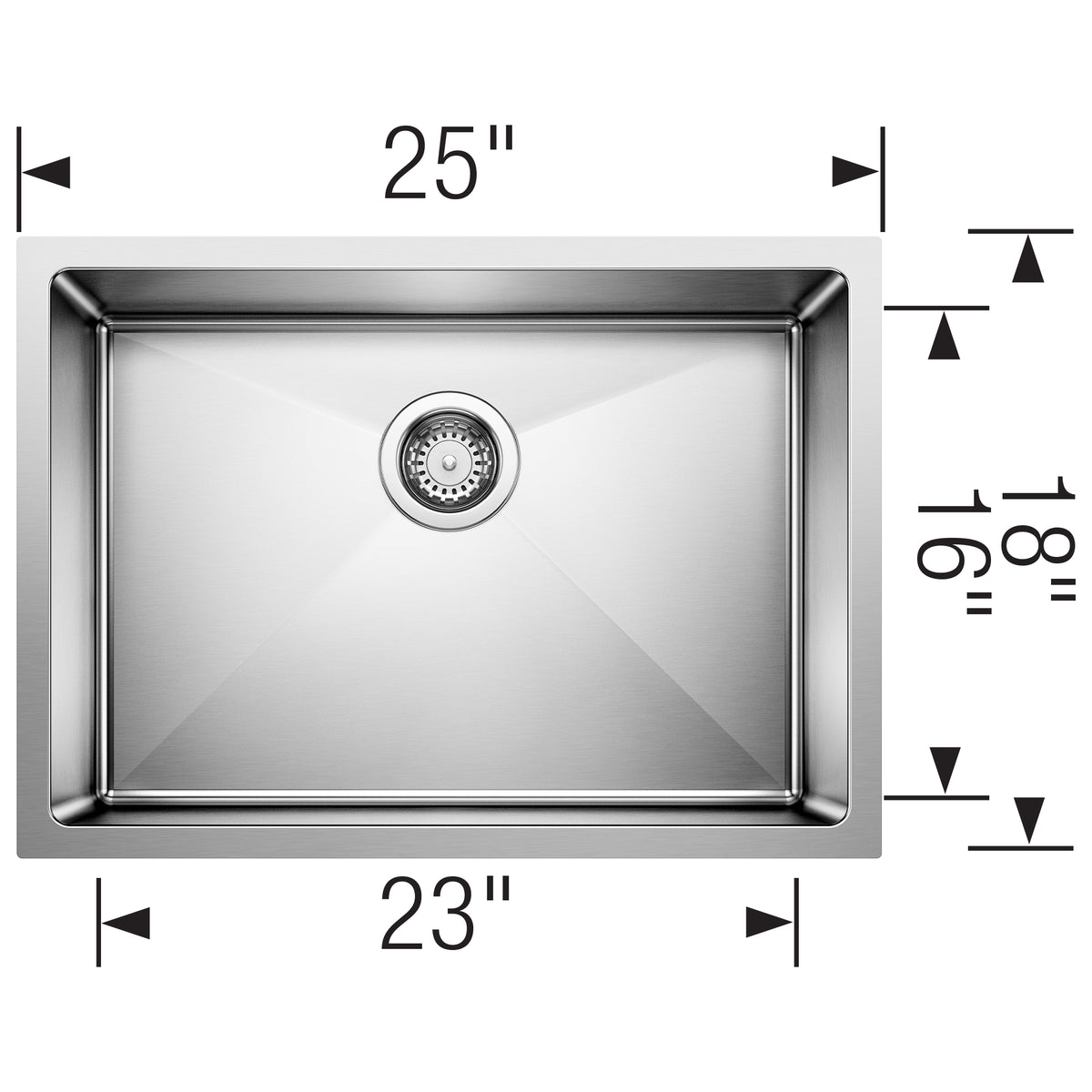 Blanco - 401517 - Quatrus R15 25" Single Bowl Undermount Stainless Steel Kitchen Sink - Satin Polish - Dimension Shot