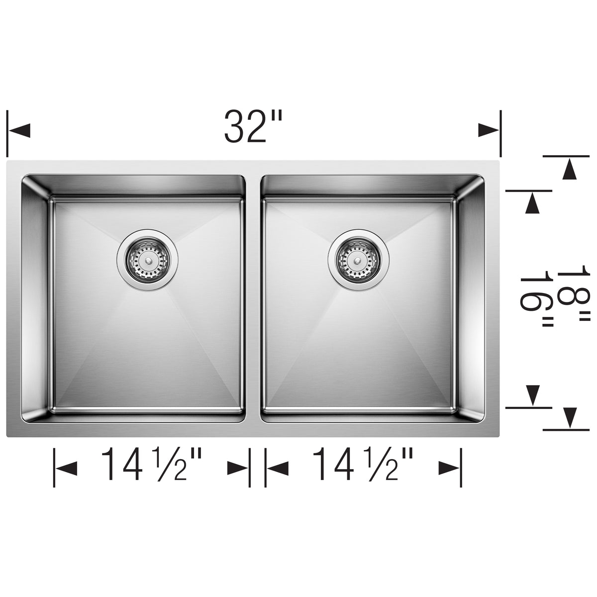 Blanco - 401519 - Quatrus R15 32" 50/50 Double Bowl Undermount Stainless Steel Kitchen Sink - Satin Polish - Dimension Shot