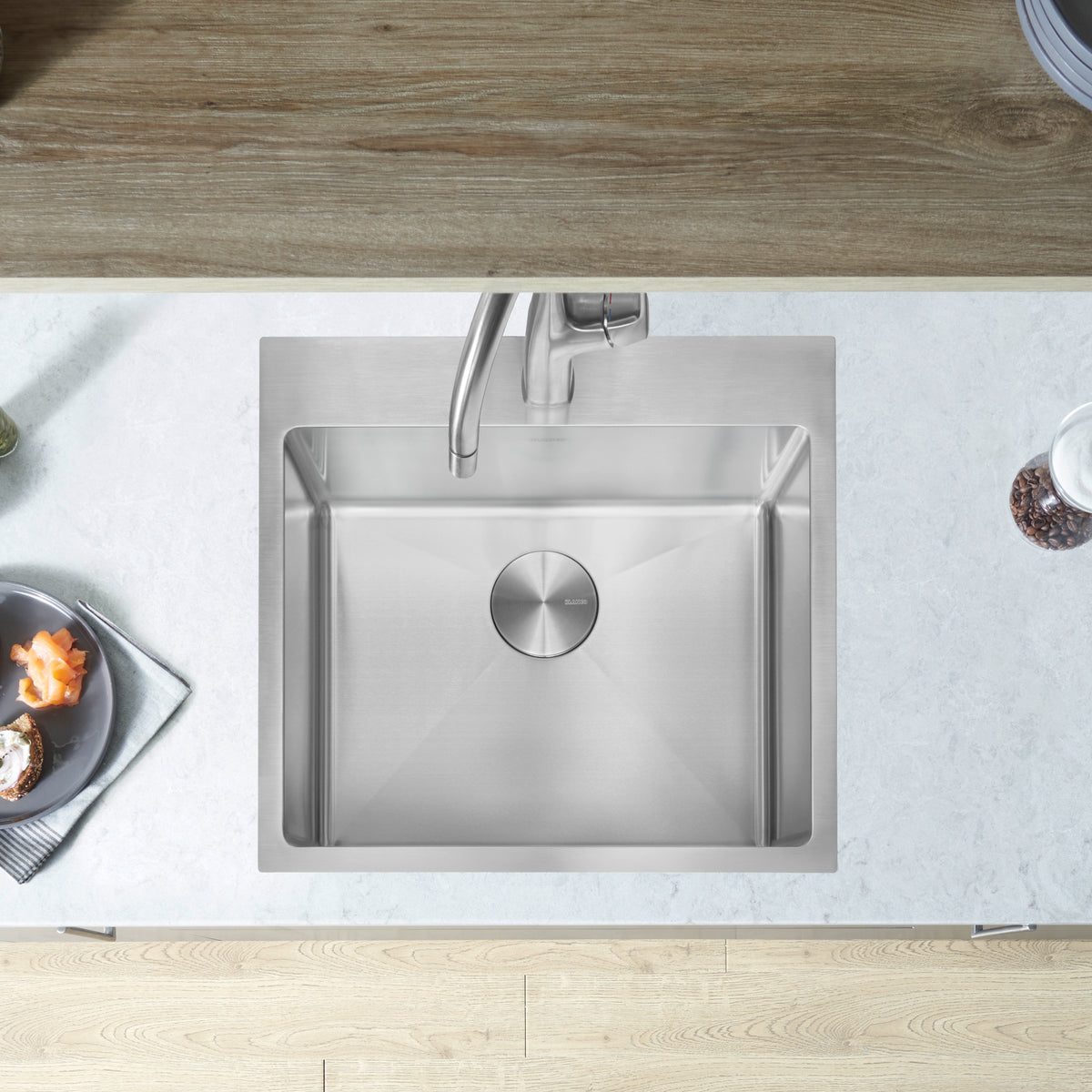 Blanco - 402614 - Quatrus R15 22" Single Bowl Dual Mount Stainless Steel Kitchen Sink - Satin Polish - Beauty Shot 4