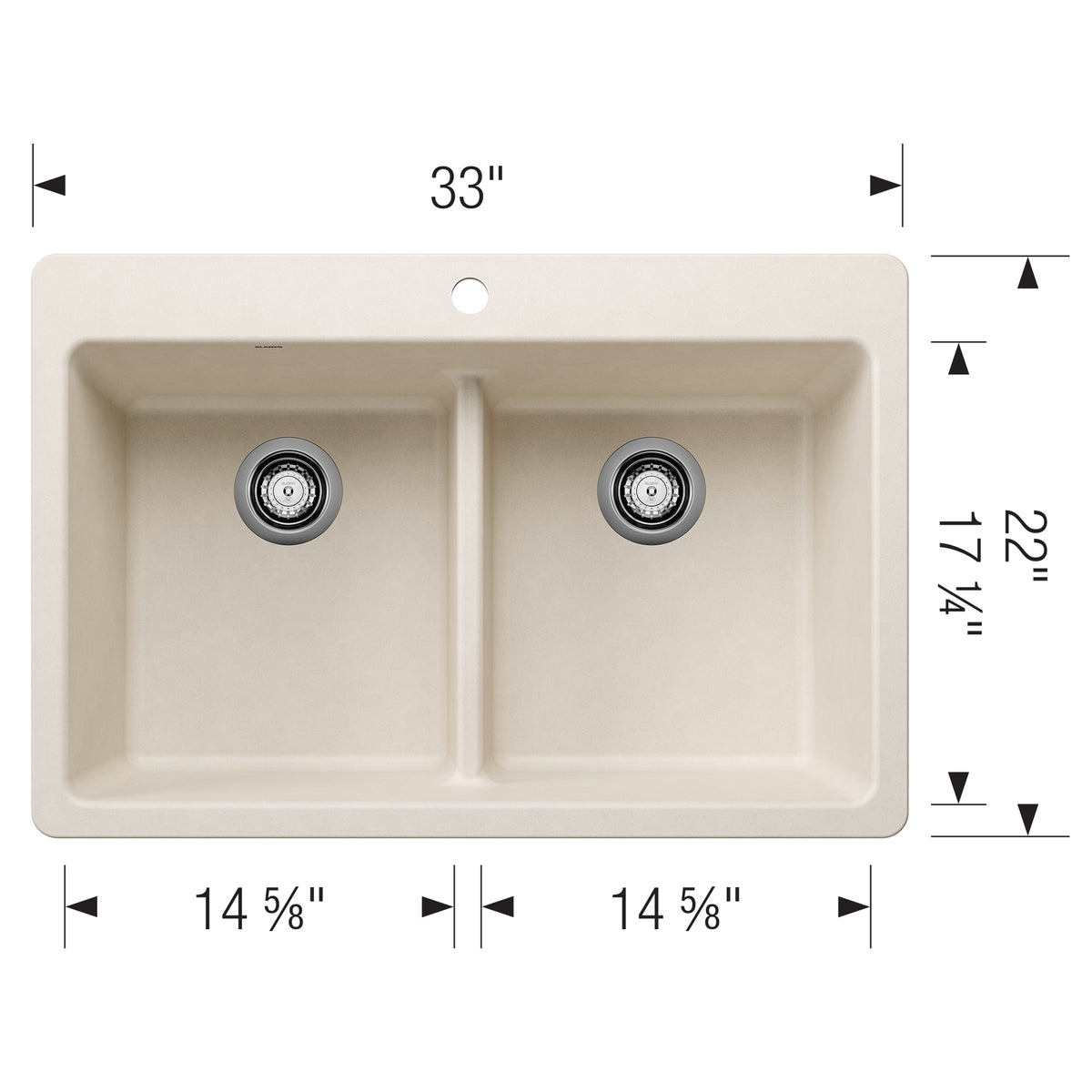 Blanco - 403641 - Liven SILGRANIT 33" 50/50 Double Bowl Dual Mount Kitchen Sink with Low Divide - Soft White - Dimension Shot