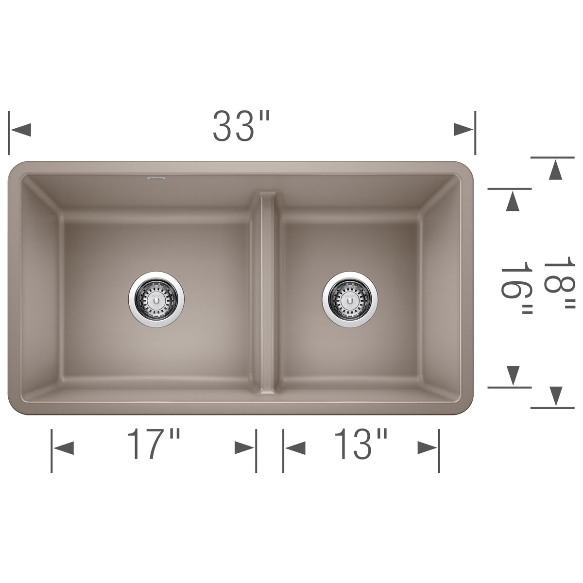 Blanco - 402069 - Precis SILGRANIT 33" 60/40 Reversible Double Bowl Undermount Kitchen Sink with Low Divide - Truffle - Dimension Shot