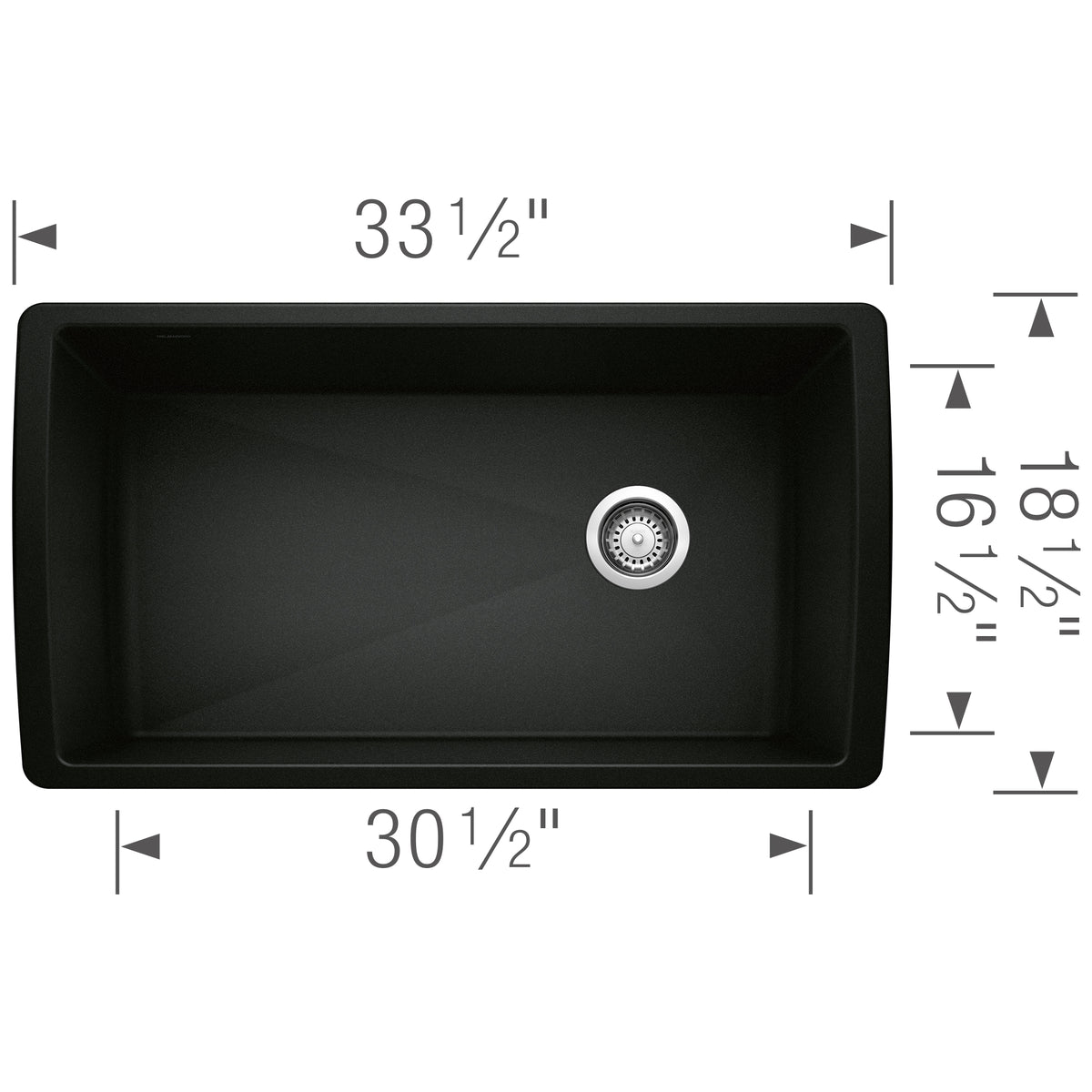 Blanco - 402625 - Diamond SILGRANIT 33" Super Single Undermount Kitchen Sink - Coal Black - Dimension Shot