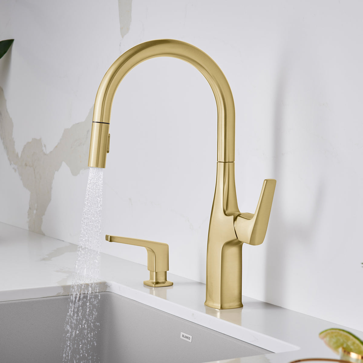 Blanco - 442985 - Rivana High-Arc Pull-Down Dual-Spray Kitchen Faucet - Satin Gold - Beauty Shot 3