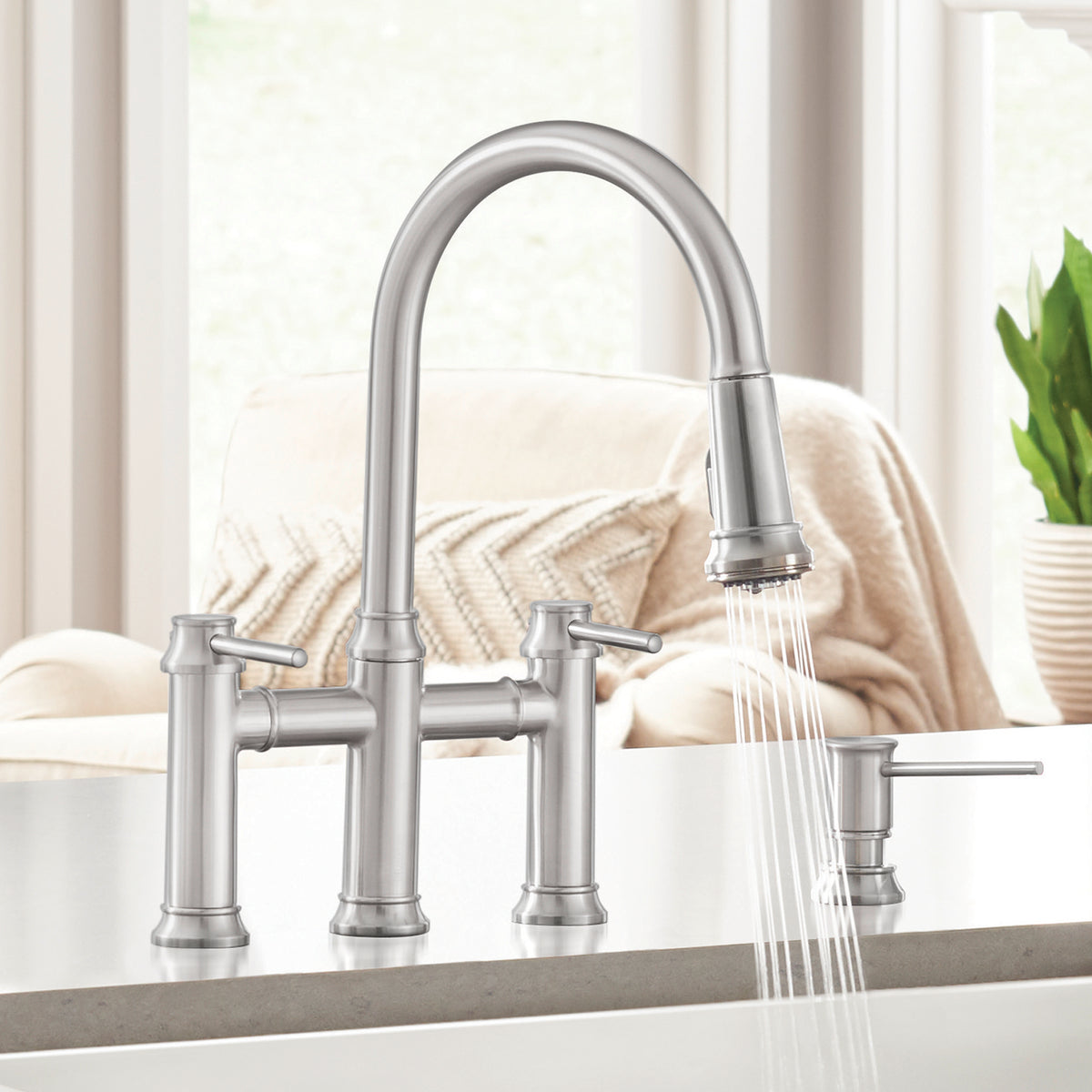 Blanco - 442505 - Empressa Pull-Down Dual-Spray Bridge Faucet - PVD Steel - Beauty Shot 2