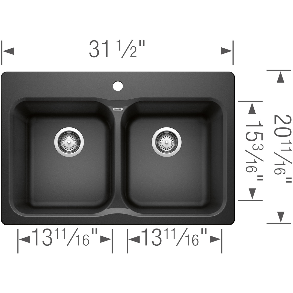 Blanco - 400012 - Vision SILGRANIT 31.5" 50/50 Double Bowl Dual Mount Kitchen Sink - Anthracite - Dimension Shot