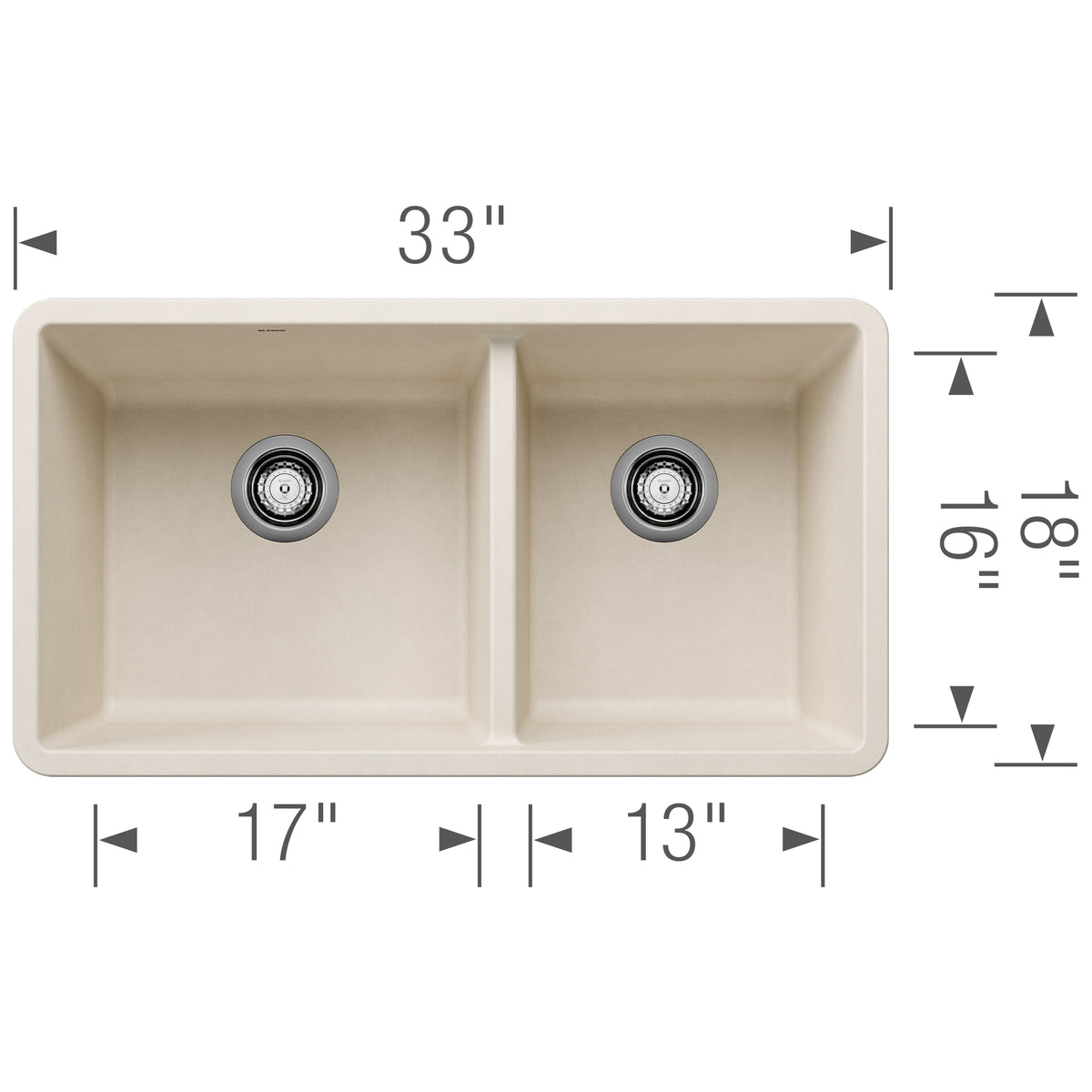 Blanco - 402876 - Precis SILGRANIT 33" 60/40 Double Bowl Undermount Kitchen Sink - Soft White - Dimension Shot