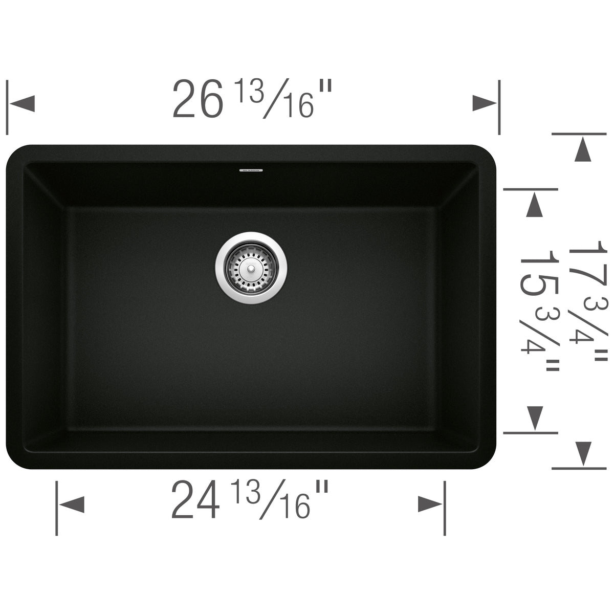 Blanco - 402656 - Precis SILGRANIT 27" Single Bowl Undermount Kitchen Sink - Coal Black - Dimension Shot