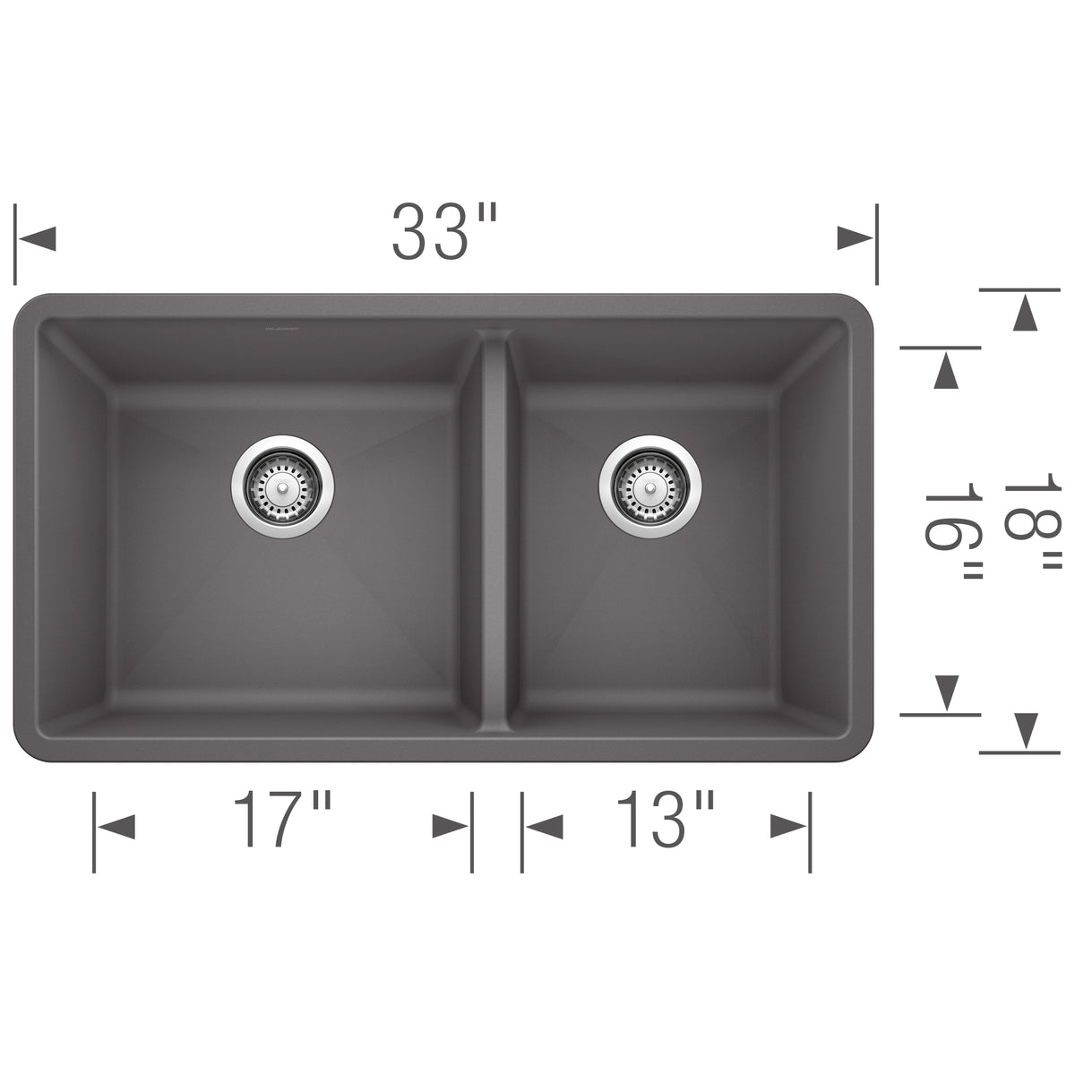 Blanco - 401396 - Precis SILGRANIT 33" 60/40 Double Bowl Undermount Kitchen Sink - Cinder - Dimension Shot
