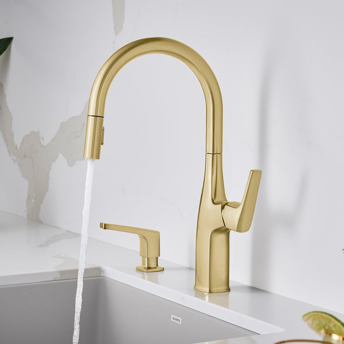 Blanco - 442985 - Rivana High-Arc Pull-Down Dual-Spray Kitchen Faucet - Satin Gold - Beauty Shot 2