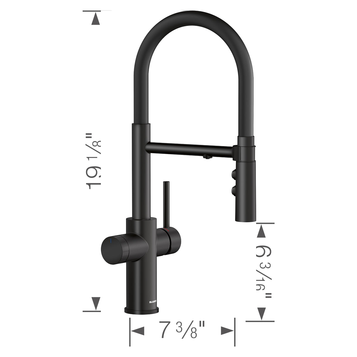 Blanco - 442992 - Catris Flexo Filter-Ready Semi-Pro Pull-Down Dual-Spray Kitchen Faucet - Matte Black - Dimension Shot