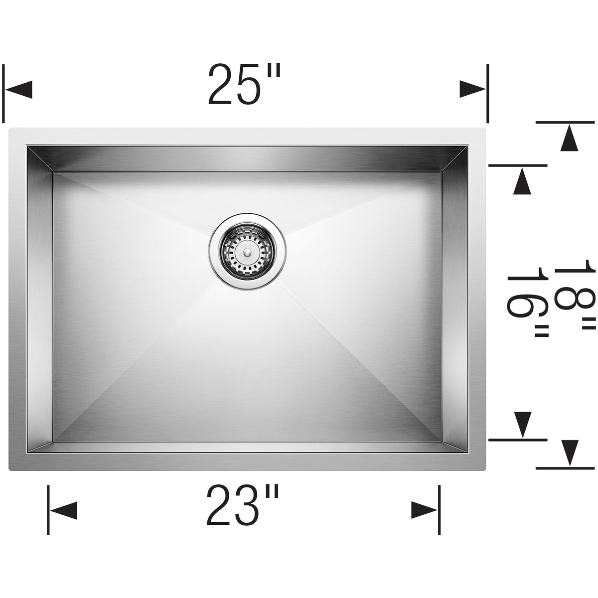 Blanco - 401246 - Quatrus R0 25" Single Bowl Undermount Stainless Steel Kitchen Sink - Satin Polish - Dimension Shot