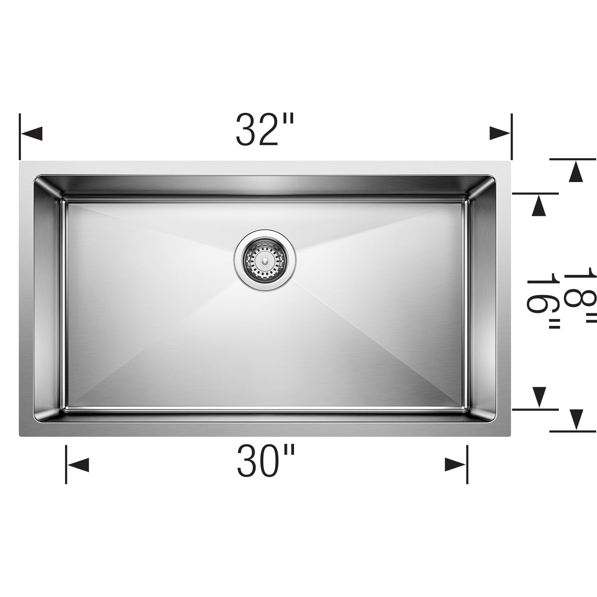 Blanco - 401518 - Quatrus R15 32" Super Single Bowl Undermount Stainless Steel Kitchen Sink - Satin Polish - Dimension Shot