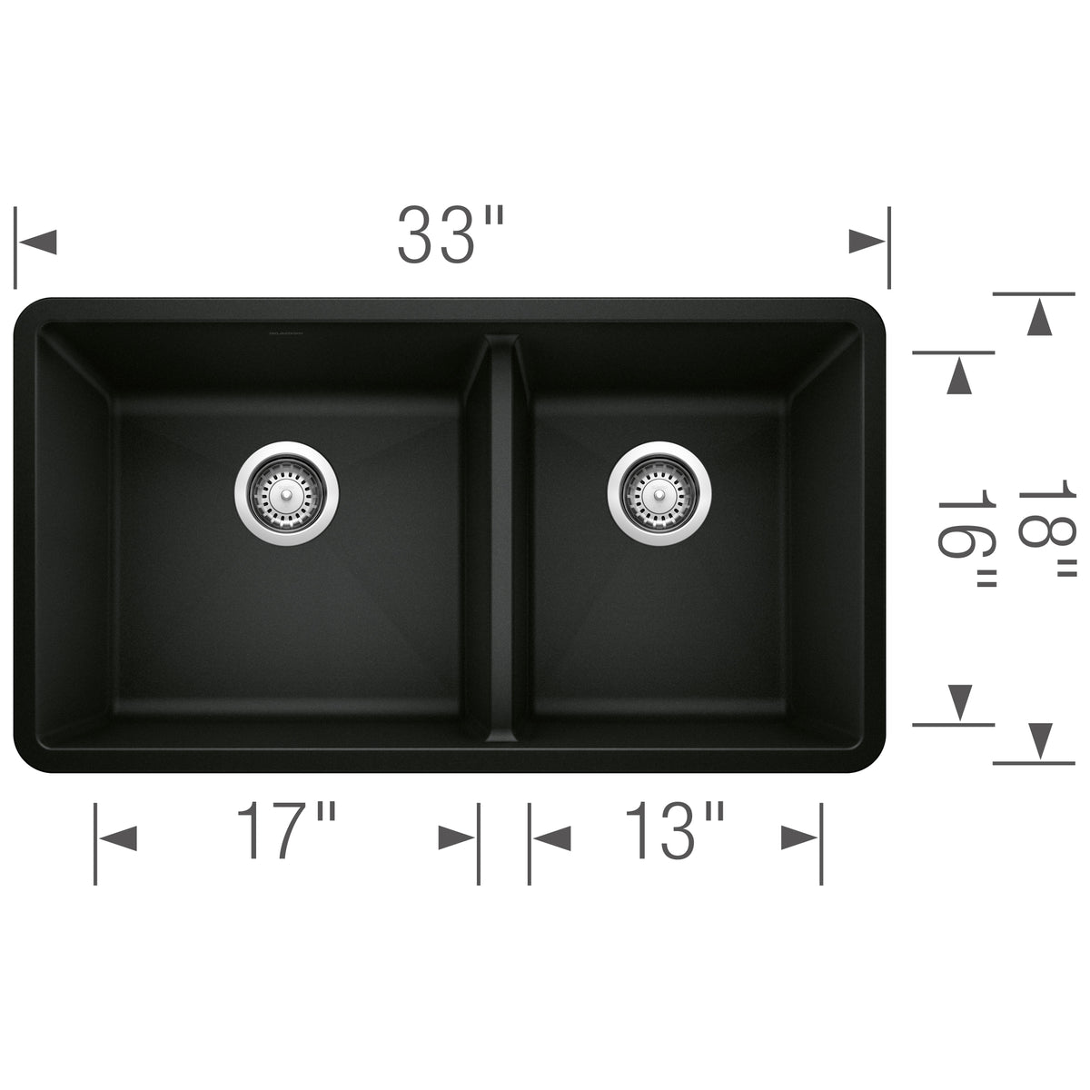 Blanco - 402652 - Precis SILGRANIT 33" 60/40 Double Bowl Undermount Kitchen Sink - Coal Black - Dimension Shot
