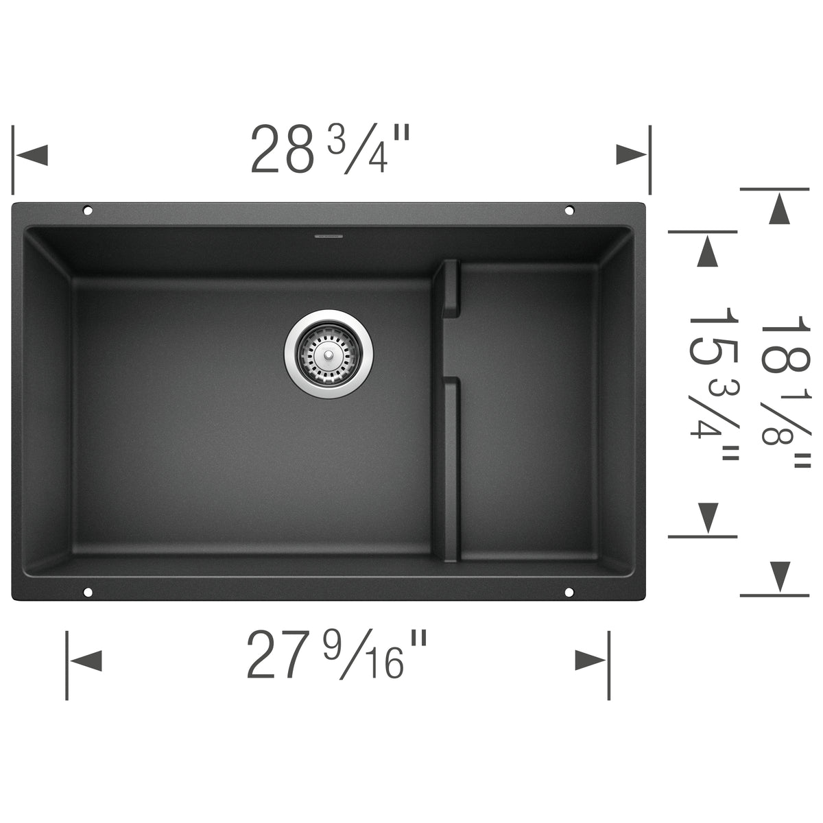 Blanco - 401445 - Precis Cascade SILGRANIT 29" Single Bowl Undermount Kitchen Sink with Colander - Anthracite - Dimension Shot