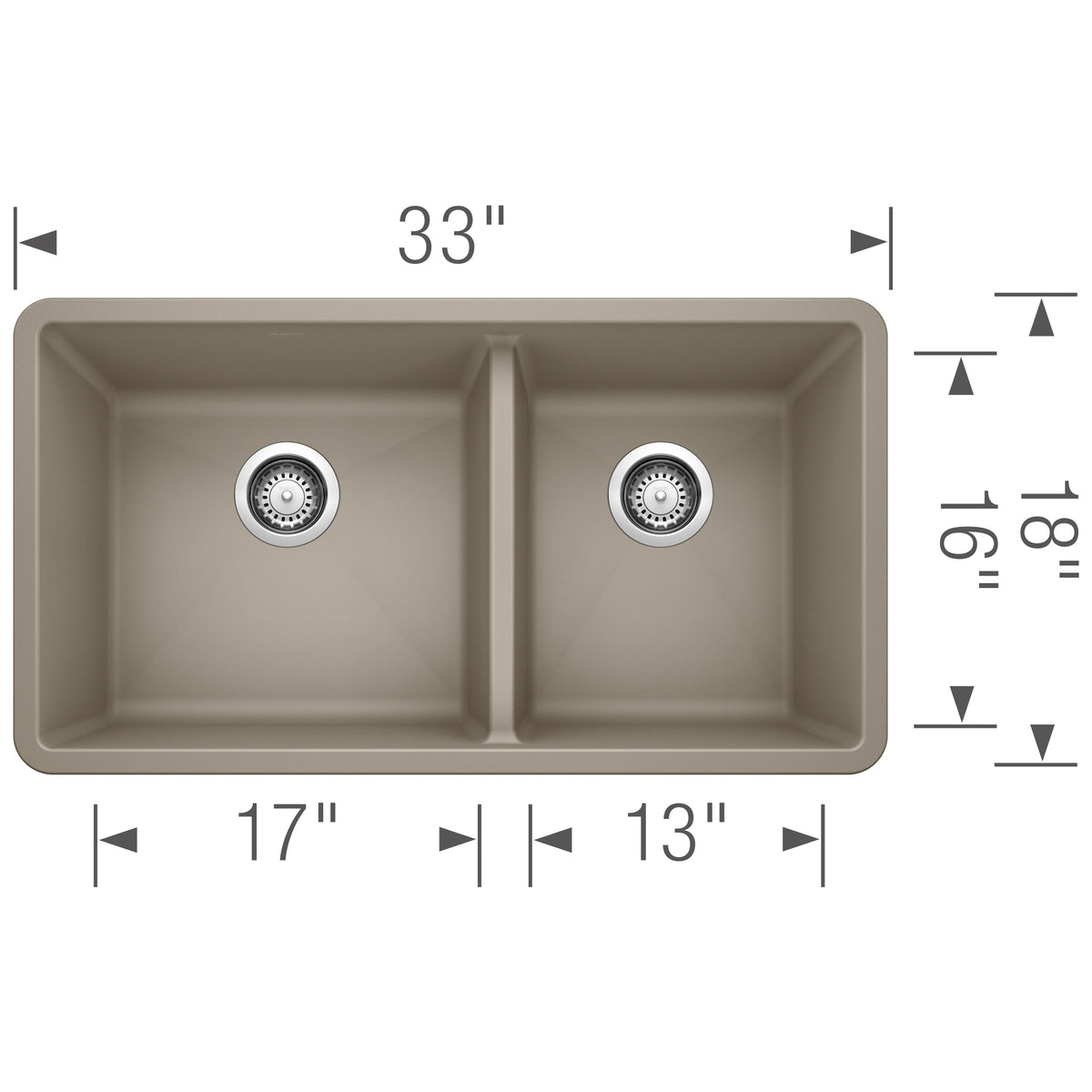 Blanco - 401142 - Precis SILGRANIT 33" 60/40 Double Bowl Undermount Kitchen Sink - Truffle - Dimension Shot