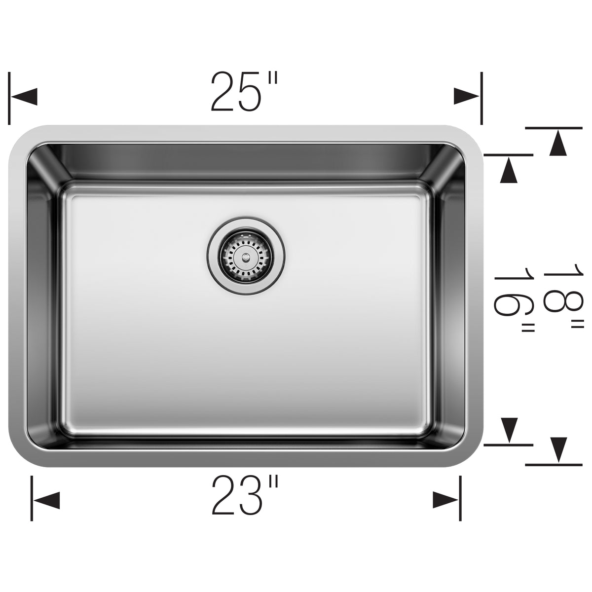 Blanco - 402242 - Formera 25" Single Bowl Undermount Stainless Steel Kitchen Sink - Satin Polish - Dimension Shot