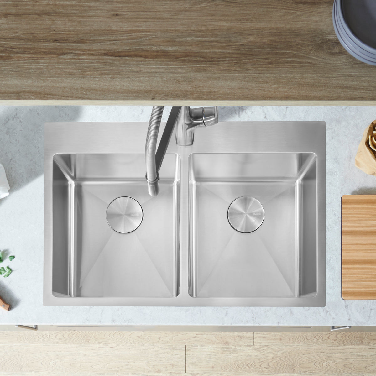 Blanco - 402611 - Quatrus R15 31" 50/50 Double Bowl Dual Mount Stainless Steel Kitchen Sink - Satin Polish - Beauty Shot 3