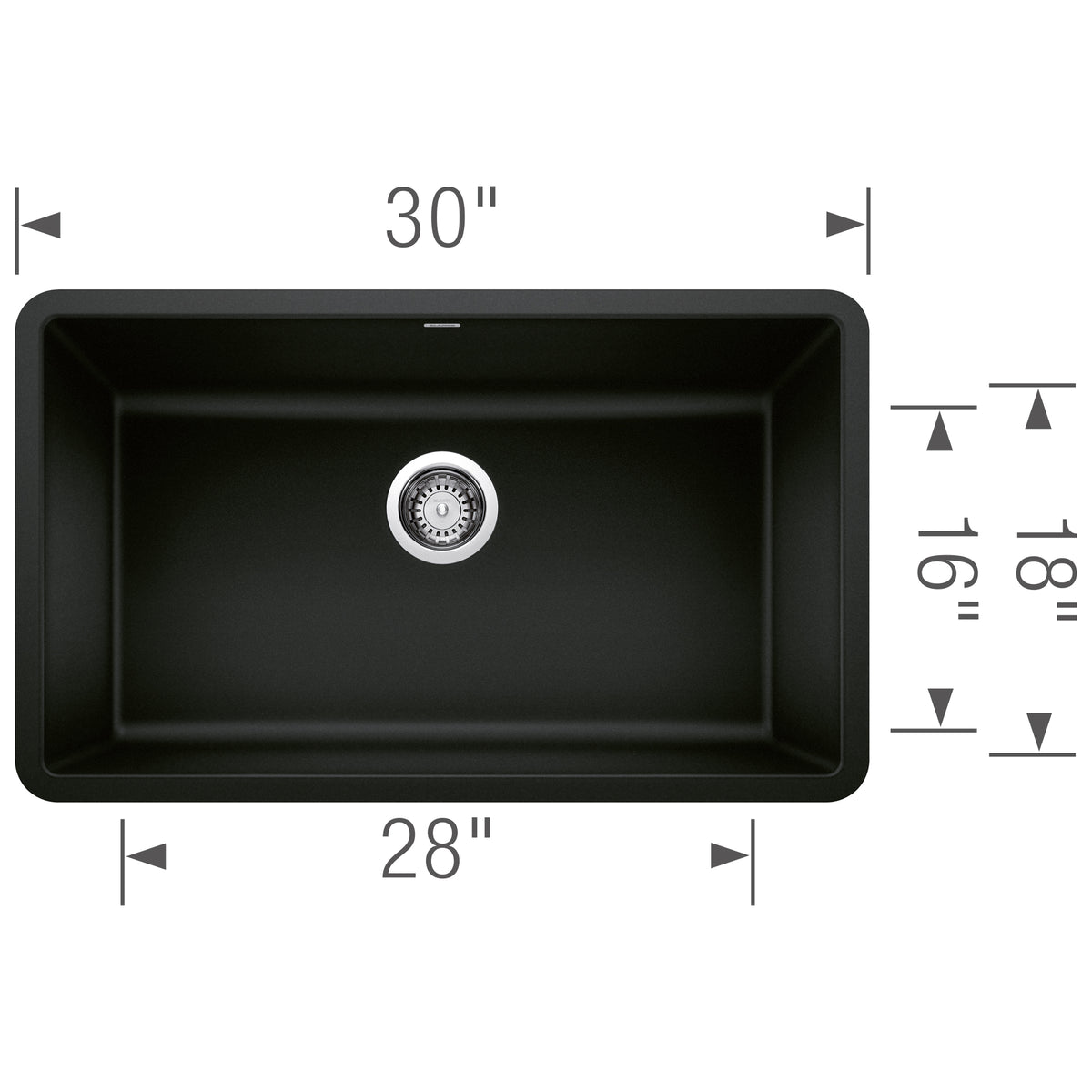 Blanco - 403911 - Precis SILGRANIT 30" Single Bowl Undermount Kitchen Sink - Coal Black - Dimension Shot