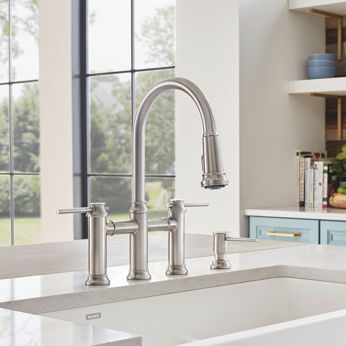 Blanco - 442505 - Empressa Pull-Down Dual-Spray Bridge Faucet - PVD Steel - Beauty Shot 4