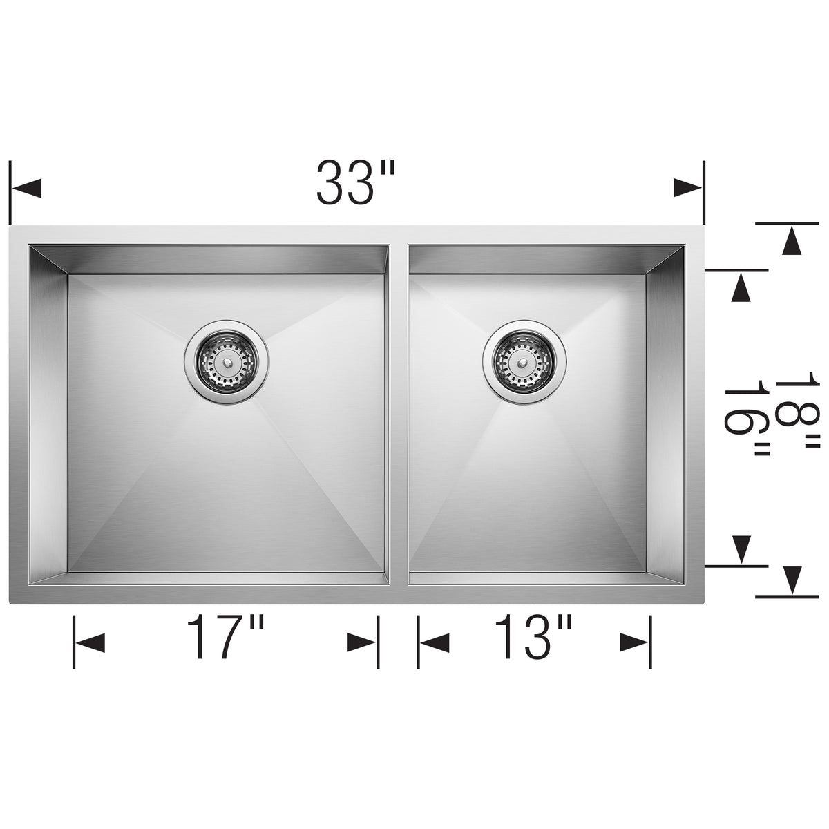 Blanco - 401244 - Quatrus R0 33" 60/40 Double Bowl Undermount Stainless Kitchen Sink - Satin Polish - Dimension Shot
