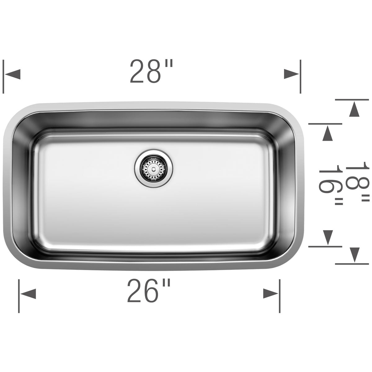 Blanco - 401028 - Stellar 28" Single Bowl Undermount Stainless Steel Kitchen Sink - Brushed Finish - Dimension Shot