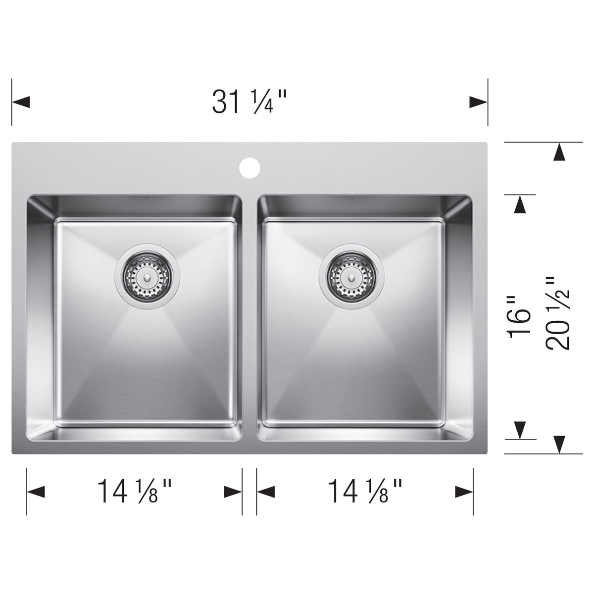 Blanco - 402611 - Quatrus R15 31" 50/50 Double Bowl Dual Mount Stainless Steel Kitchen Sink - Satin Polish - Dimension Shot