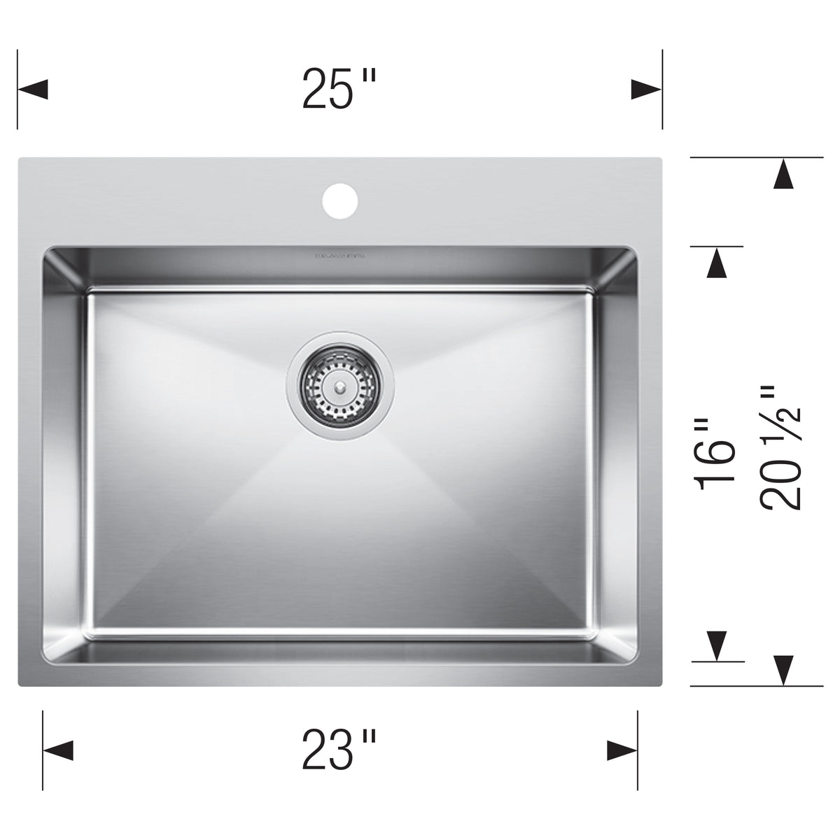 Blanco - 402613 - Quatrus R15 25" Single Bowl Dual Mount Stainless Steel Kitchen Sink - Satin Polish - Dimension Shot