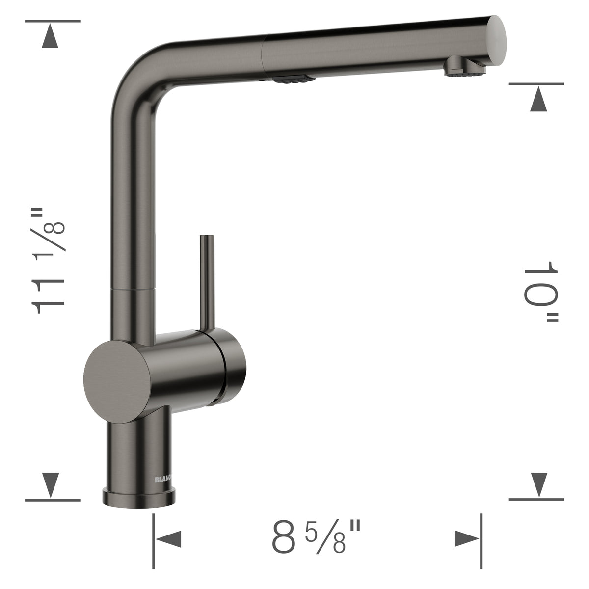 Blanco - 443269 - Linus Low Arc Pull-Out Dual-Spray Kitchen Faucet - Satin Dark Steel - Dimension Shot