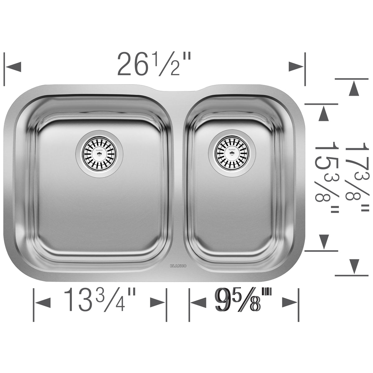 Blanco - 400006 - Essential 27" 70/30 Double Bowl Undermount Stainless Steel Kitchen Sink - Brushed Finish - Dimension Shot