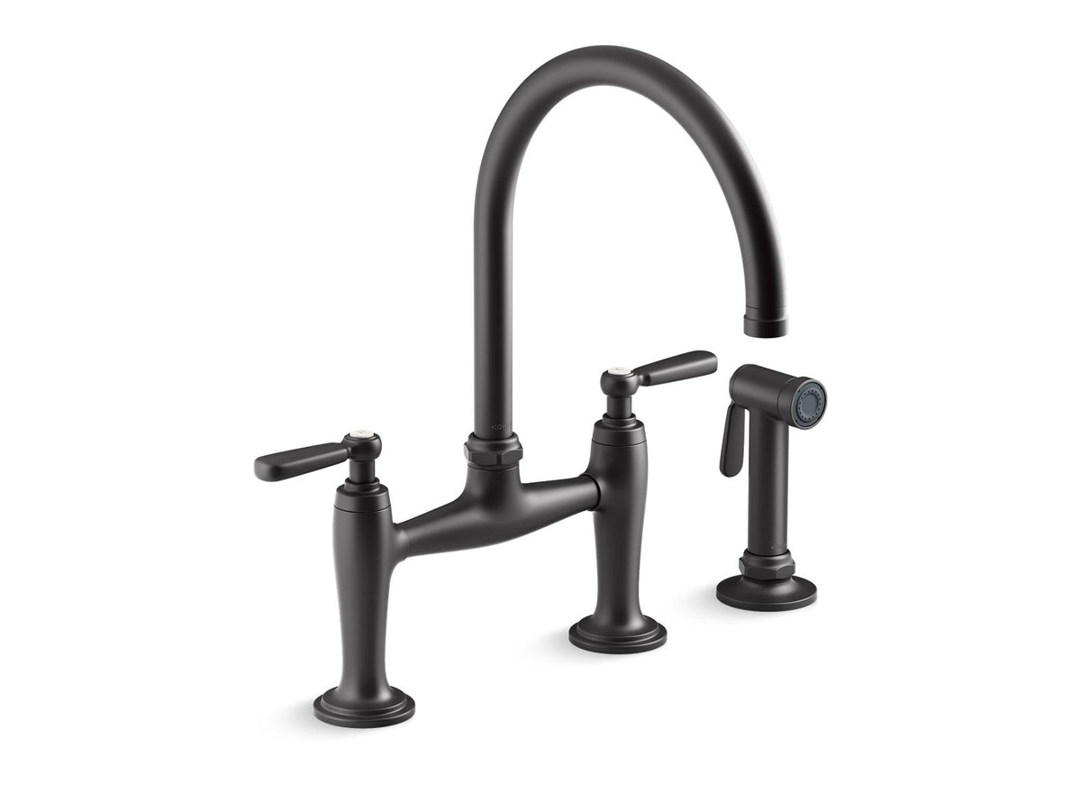 Kohler 28356-BL Edalyn by Studio McGee Two-hole bridge kitchen sink faucet with side sprayer