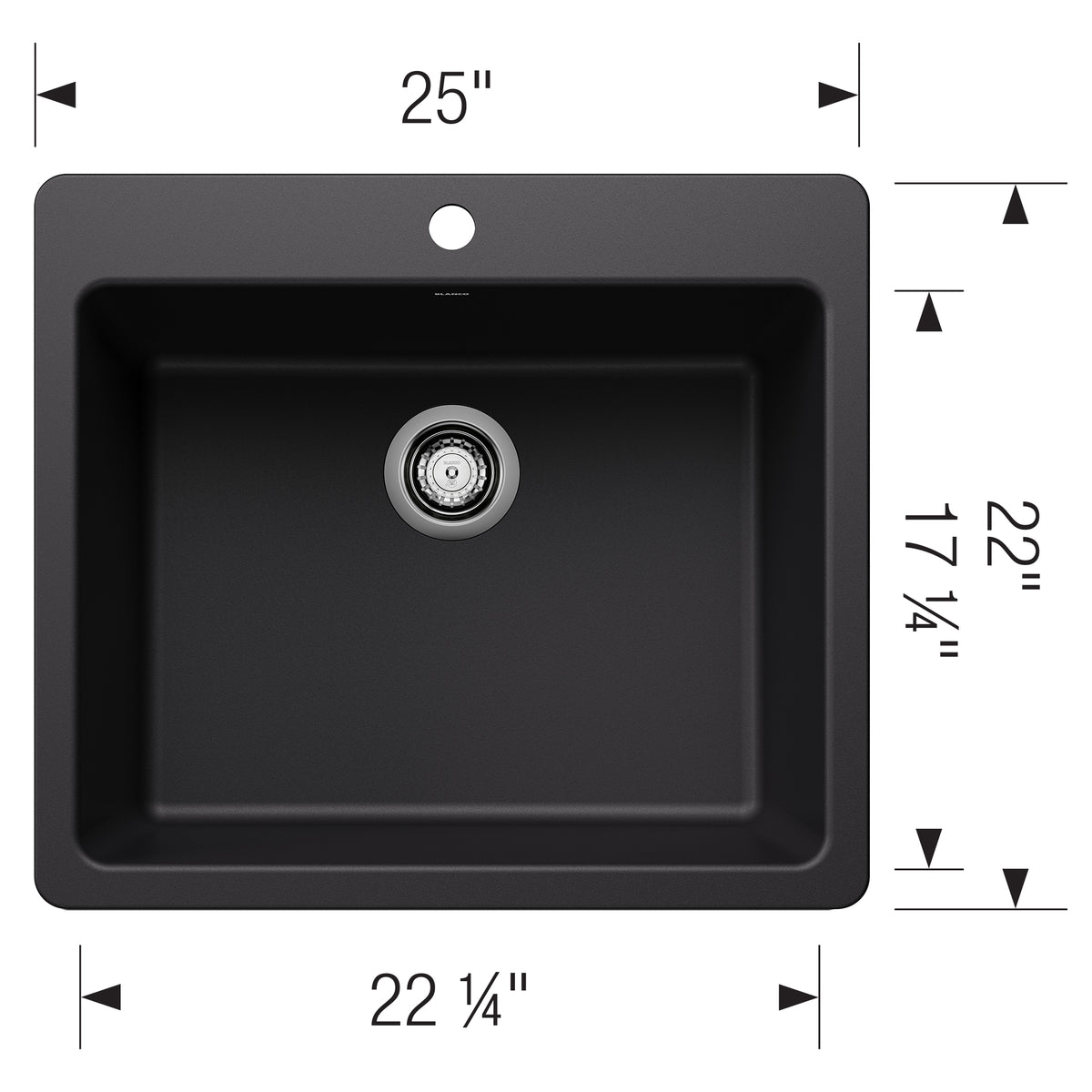 Blanco - 403650 - Liven SILGRANIT 25" Single Bowl Dual Mount Kitchen Sink - Coal Black - Dimension Shot