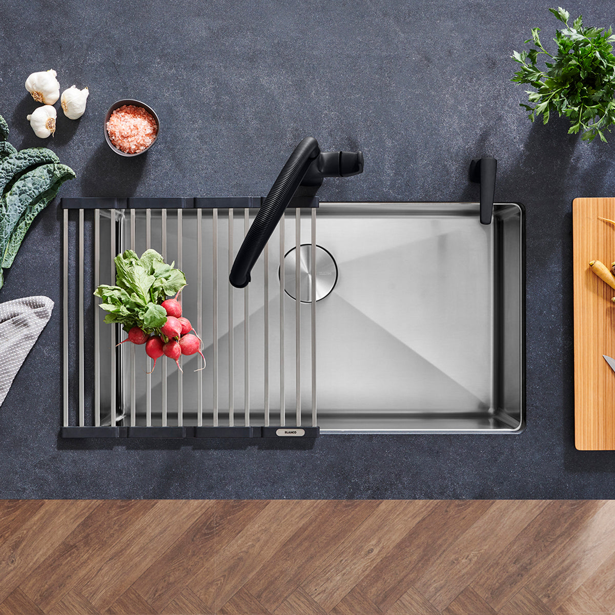 Blanco - 401518 - Quatrus R15 32" Super Single Bowl Undermount Stainless Steel Kitchen Sink - Satin Polish - Beauty Shot 4