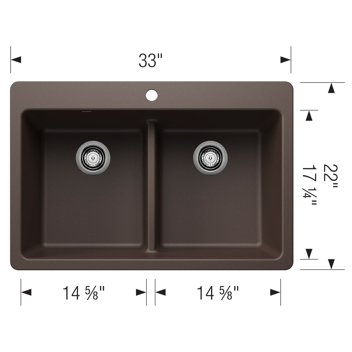 Blanco - 403639 - Liven SILGRANIT 33" 50/50 Double Bowl Dual Mount Kitchen Sink with Low Divide - Café - Dimension Shot