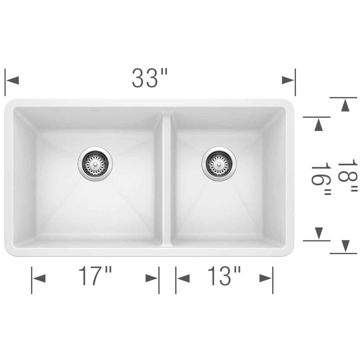 Blanco - 401706 - Precis SILGRANIT 33" 60/40 Double Bowl Undermount Kitchen Sink - White - Dimension Shot