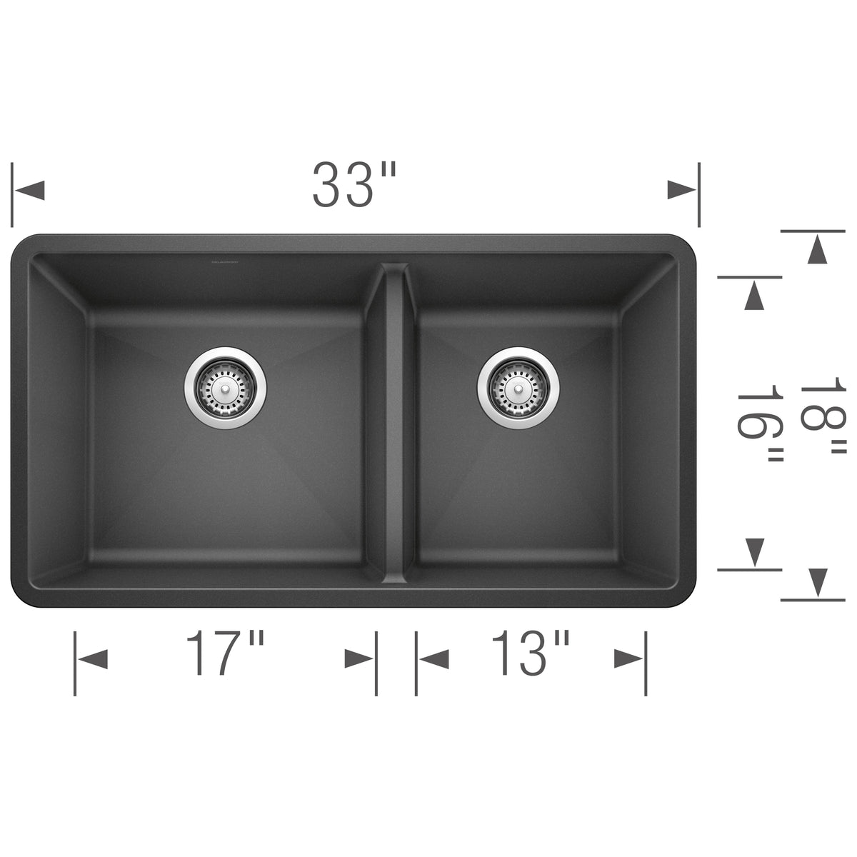 Blanco - 400583 - Precis SILGRANIT 33" 60/40 Double Bowl Undermount Kitchen Sink - Anthracite - Dimension Shot