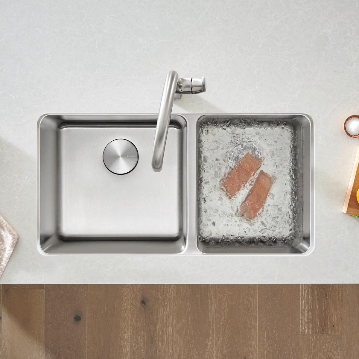 Blanco - 402244 - Formera 33" 60/40 Double Bowl Undermount Stainless Steel Kitchen Sink - Satin Polish - Beauty Shot 4