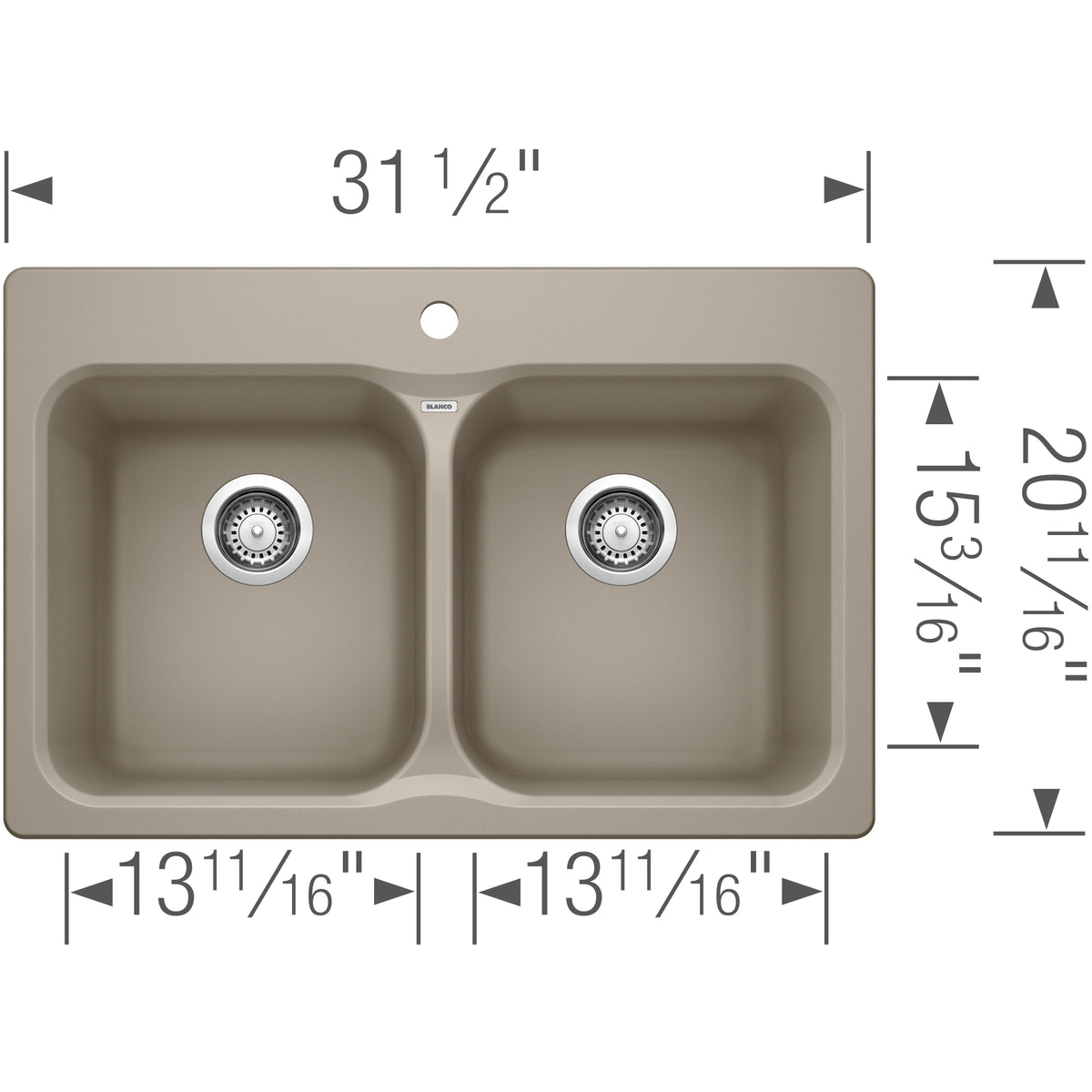 Blanco - 401145 - Vision SILGRANIT 31.5" 50/50 Double Bowl Dual Mount Kitchen Sink - Truffle - Dimension Shot