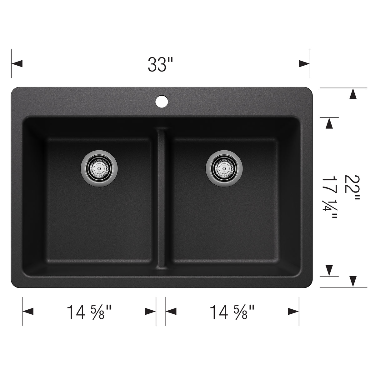 Blanco - 403635 - Liven SILGRANIT 33" 50/50 Double Bowl Dual Mount Kitchen Sink with Low Divide - Anthracite - Dimension Shot