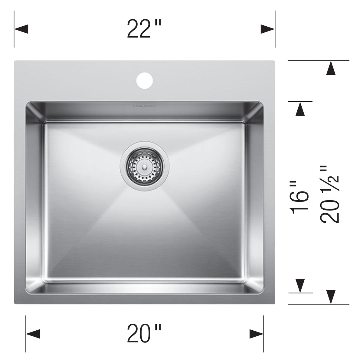 Blanco - 402614 - Quatrus R15 22" Single Bowl Dual Mount Stainless Steel Kitchen Sink - Satin Polish - Dimension Shot