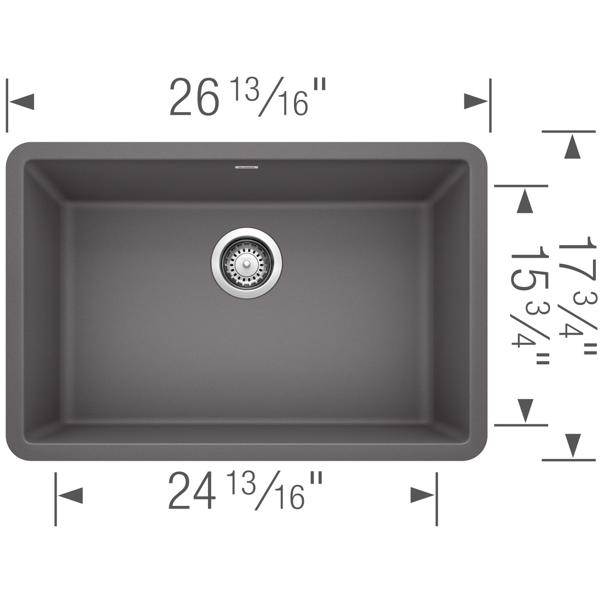 Blanco - 401891 - Precis SILGRANIT 27" Single Bowl Undermount Kitchen Sink - Cinder - Dimension Shot