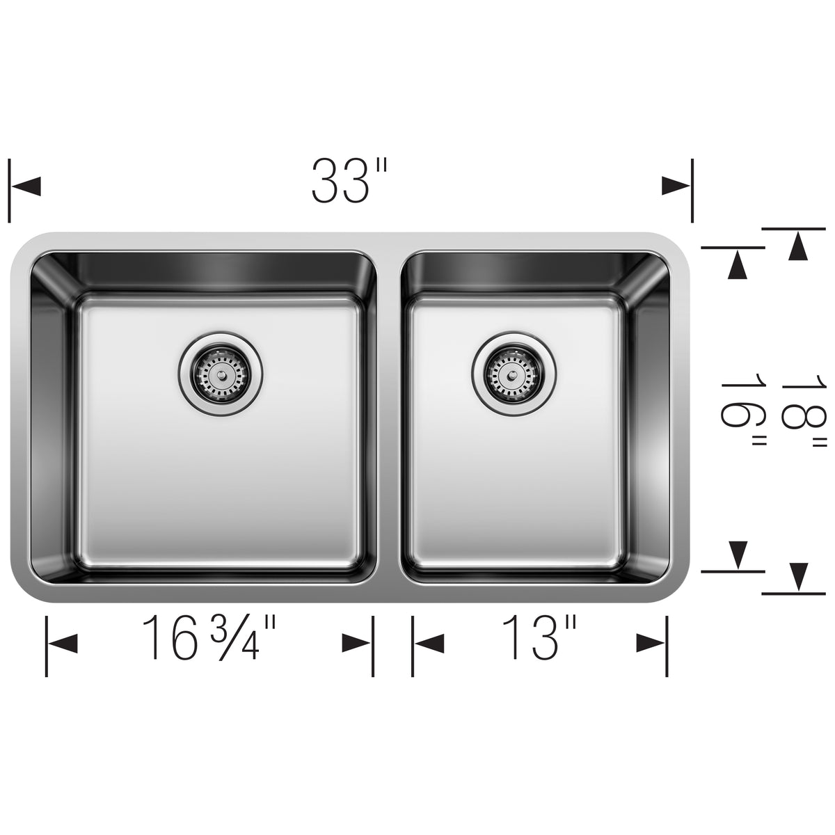 Blanco - 402244 - Formera 33" 60/40 Double Bowl Undermount Stainless Steel Kitchen Sink - Satin Polish - Dimension Shot