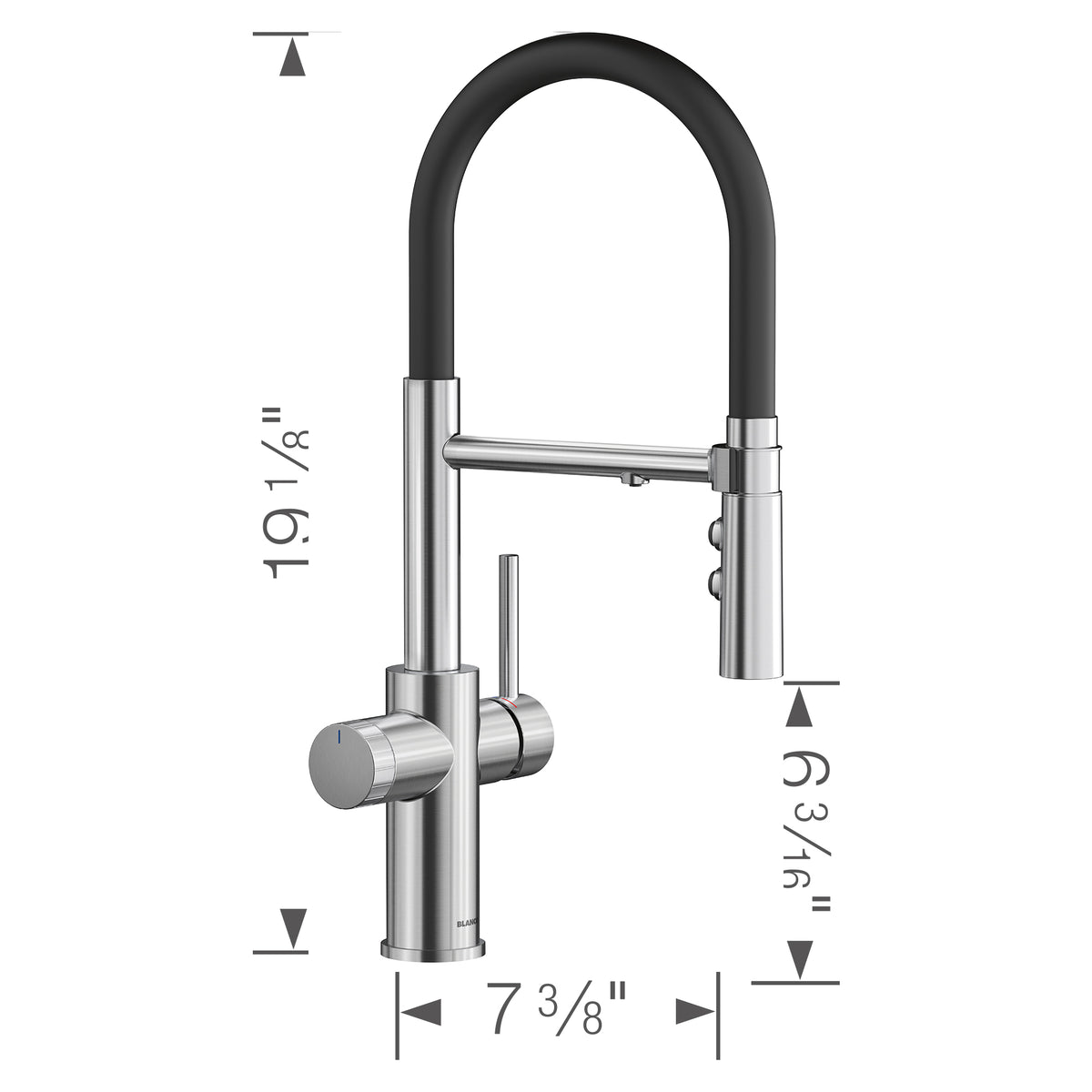 Blanco - 442991 - Catris Flexo Filter-Ready Semi-Pro Pull-Down Dual-Spray Kitchen Faucet - PVD Steel - Dimension Shot