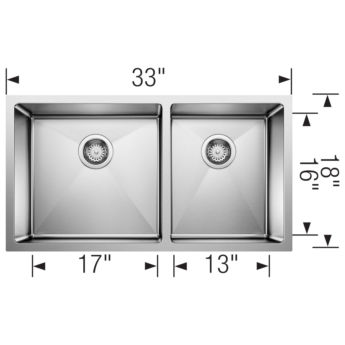 Blanco - 401520 - Quatrus R15 33" 60/40 Double Bowl Undermount Stainless Steel Kitchen Sink - Satin Polish - Dimension Shot