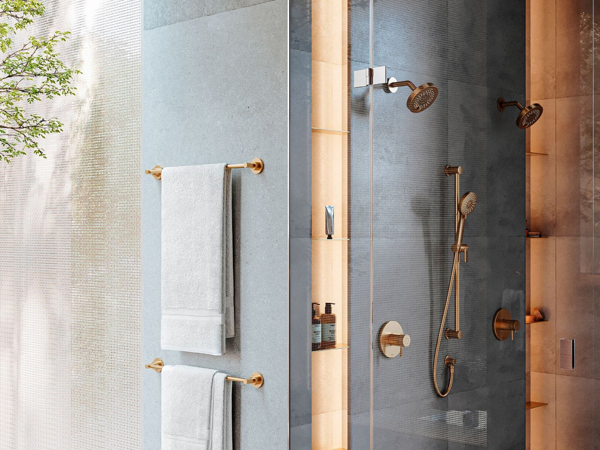 Riobel Riu shower with coordinated warm-metal fixtures