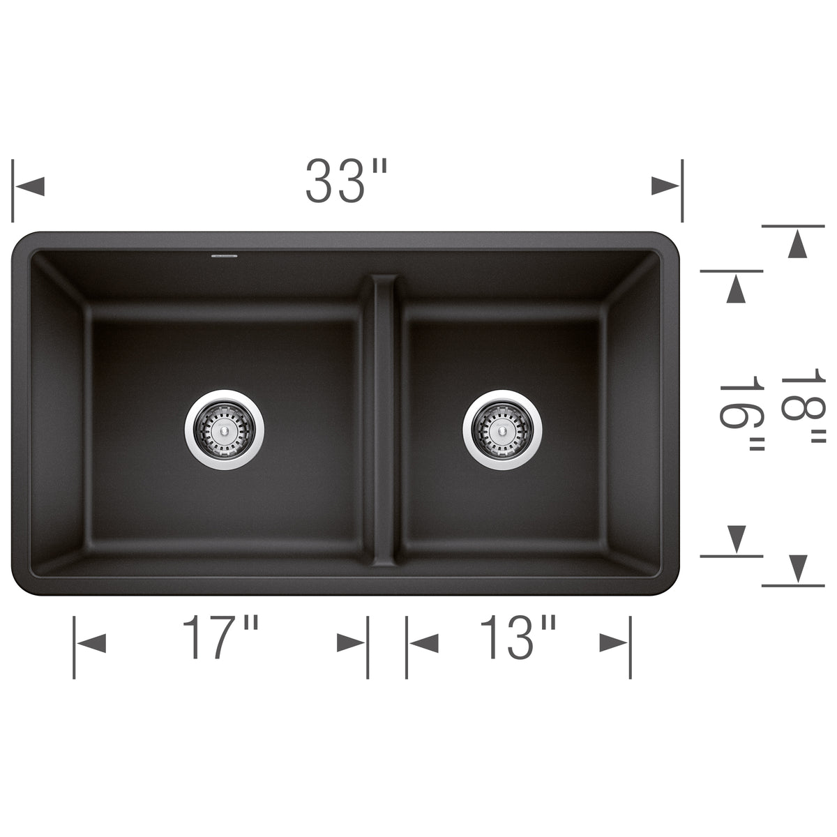 Blanco - 402065 - Precis SILGRANIT 33" 60/40 Reversible Double Bowl Undermount Kitchen Sink with Low Divide - Anthracite - Dimension Shot