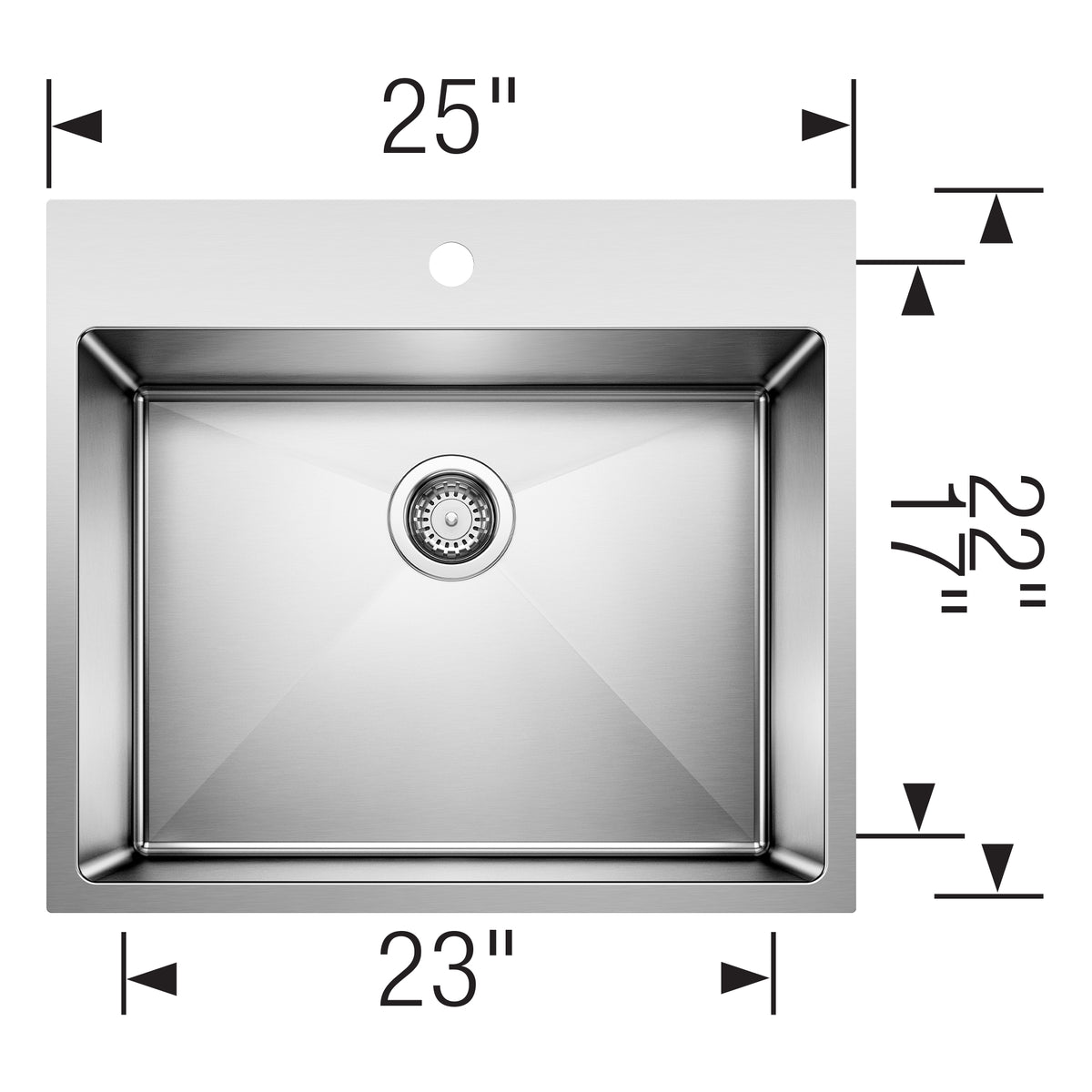 Blanco - 401802 - Quatrus R15 25" Single Bowl Dual Mount Stainless Steel Laundry Sink - Satin Polish - Dimension Shot